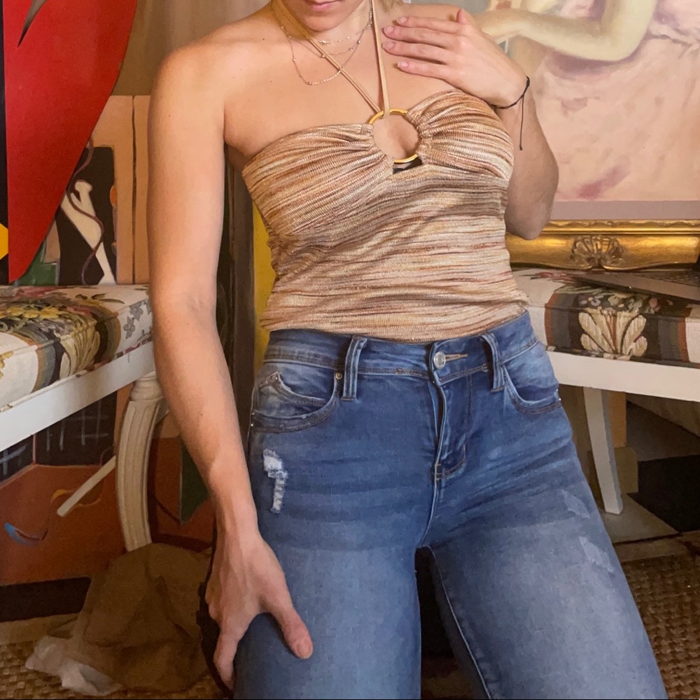 Gold and brown tube top with gold hardware